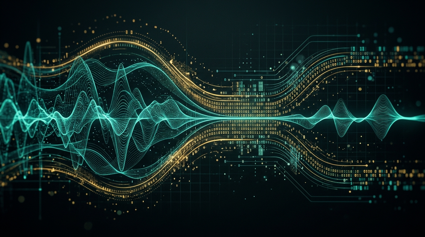 Abstract teal and gold waveform compression visualization with binary data