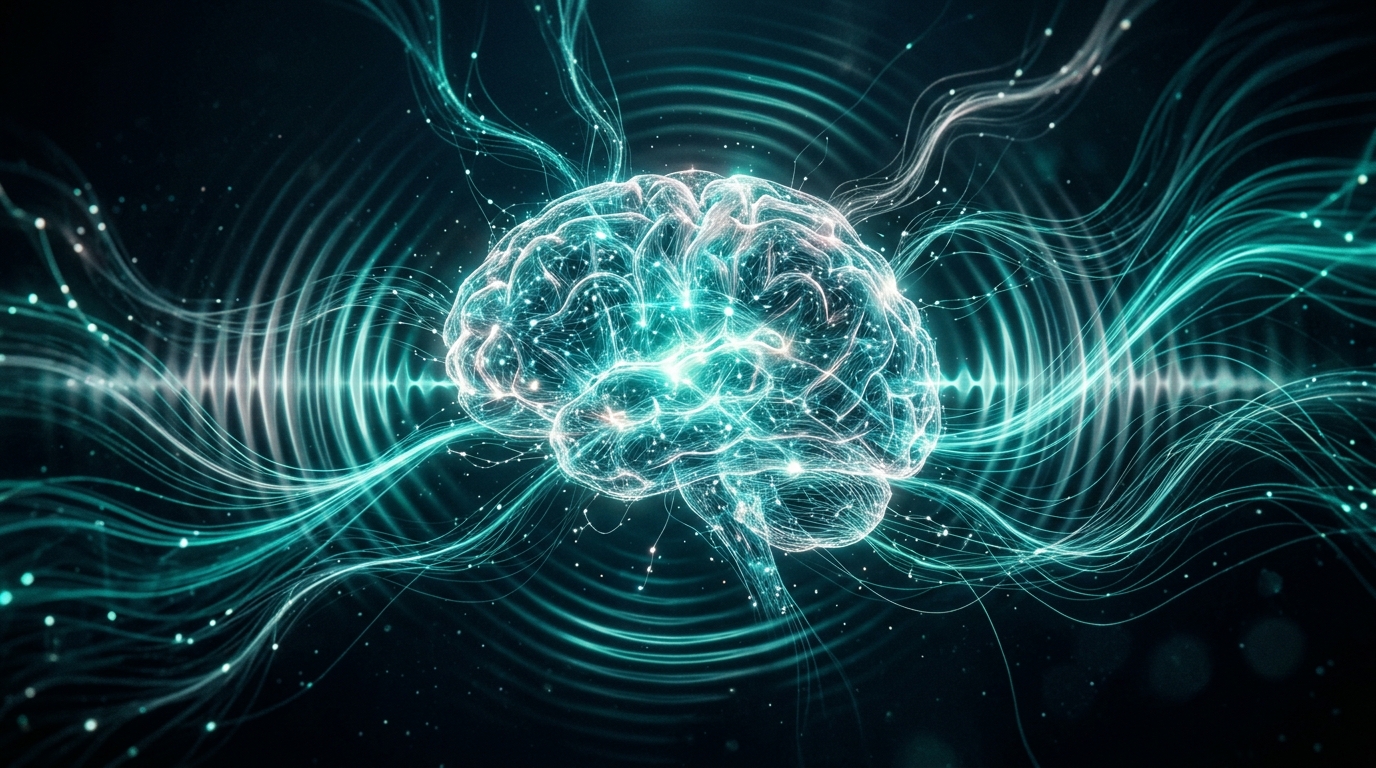 Glowing teal neural network brain with voice signal ripples