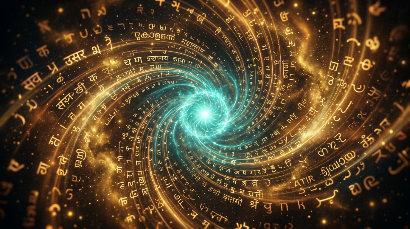 Golden language script spirals merging into a teal glowing center
