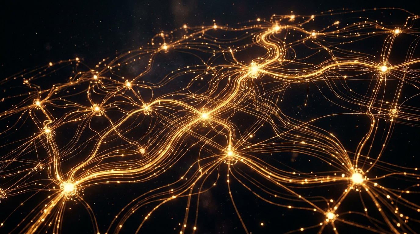 Golden fiber-optic telephone network nodes glowing in dark space