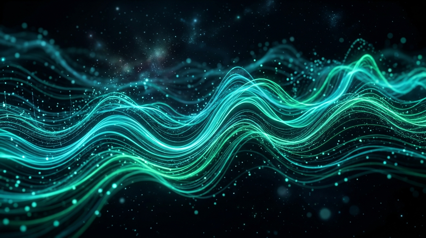 Flowing teal and green waveform streams moving through dark space