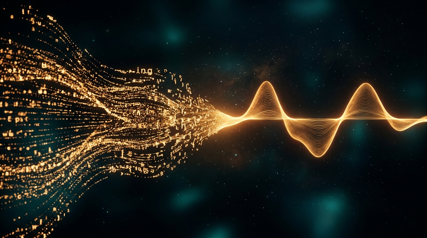 Golden text particles dissolving into amber waveform on dark background